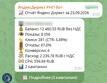 Отчёт: 4 конверсии, CPA 559₽